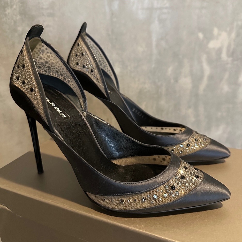 GIORGIO ARMANI Black, Gray, Satin, Mesh & Rhinestone Formal Heels - Size 6.5